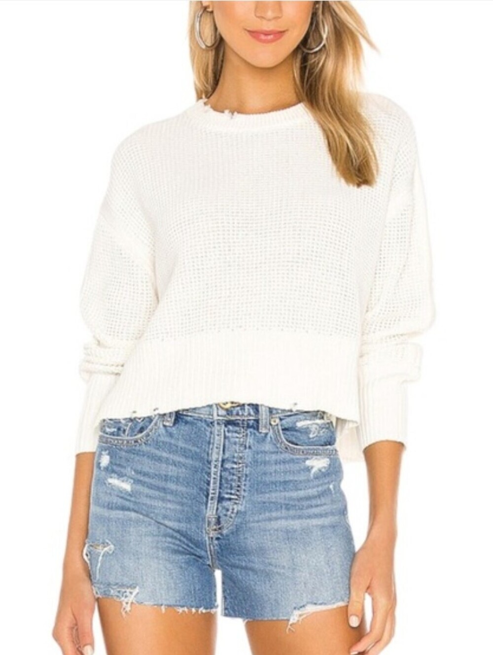 Pistola Olga Distressed Knit Pullover Sweater White Size Small